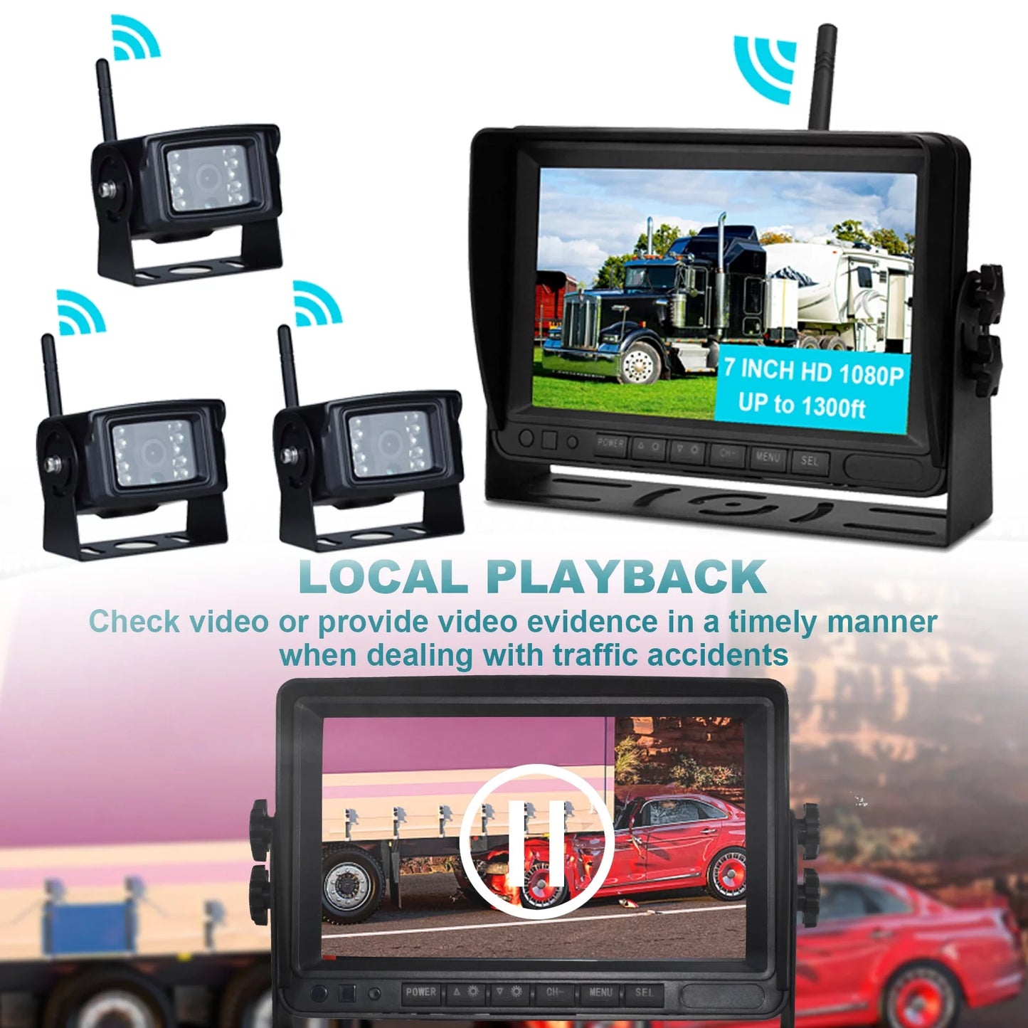 7" Display AHD 1080P Wireless 3CH Rear View Backup Camera Kit Truck Trailer