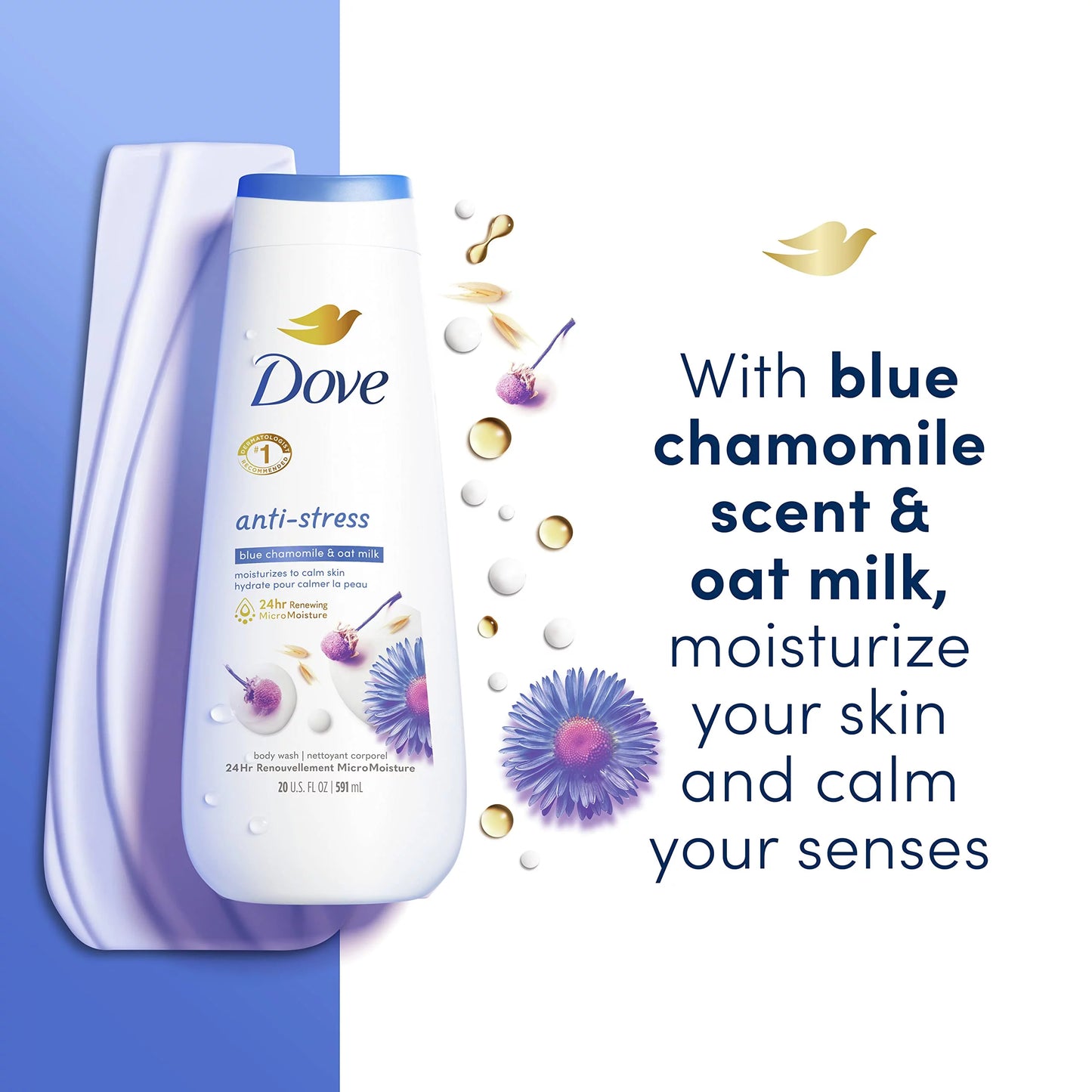 Dove Body Wash Anti-Stress Blue Chamomile & Oat Milk 4 Count For Renewed, Healthy-Looking Skin Moisturizing Gentle Skin Cleanser With 24Hr Renewing Micromoisture 20 Oz