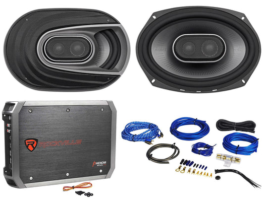 (2) Polk Audio MM692 6x9” 900w 3-Way Car Audio/Marine Speakers+2-Ch Amp+Wire Kit