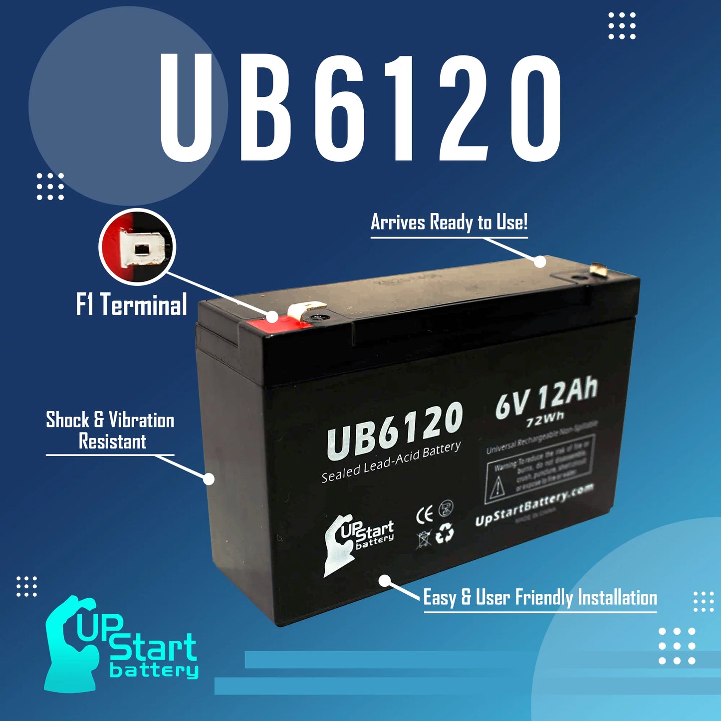 4x Pack - Tripp-Lite 850 Battery - Replacement UB6120 Universal Sealed Lead Acid Battery (6V, 12Ah, 12000mAh, F1 Terminal, AGM, SLA) - Includes 8 F1 to F2 Terminal Adapters
