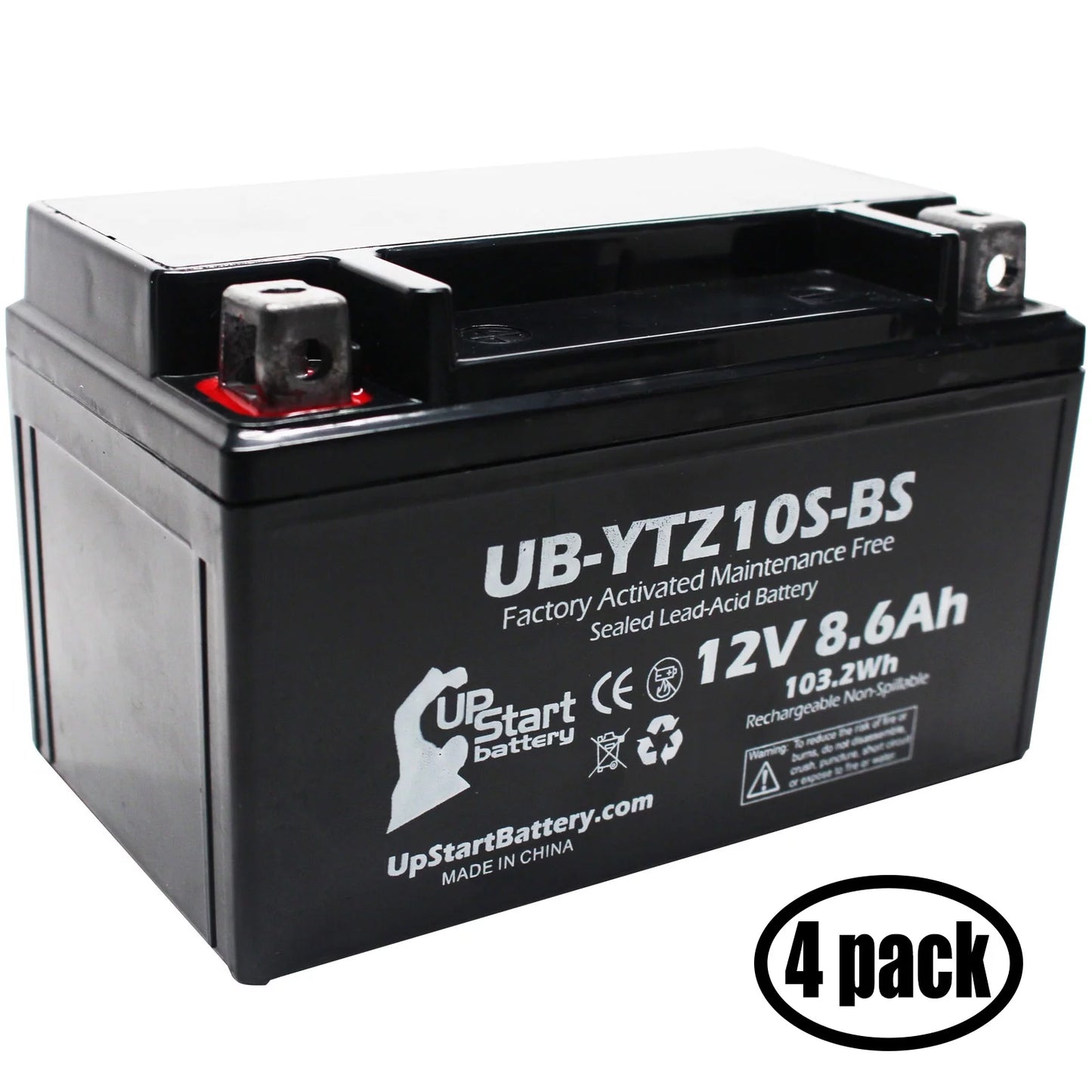 4-Pack UpStart Battery Replacement 2011 Yamaha YZF-R1 1000CC Factory Activated, Maintenance Free, Motorcycle Battery - 12V, 8.6Ah, UB-YTZ10S-BS