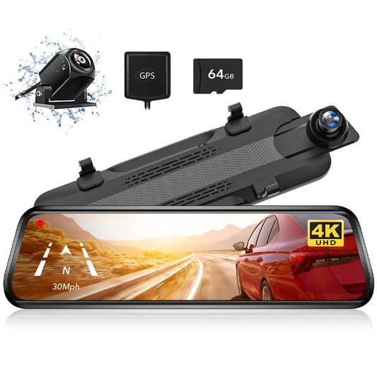 WOLFBOX Rear View Mirror Dash Camera, 4K Dash Cam Front and Rear with Night Vision, 10" Touch Screen Dash Cam, Parking Monitor, Vehicle, Free 32GB Card&GPS