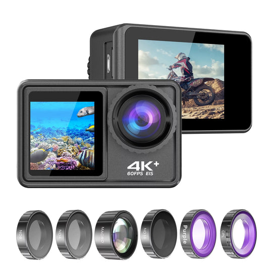 4K 24MP Dual Screen Sport DV Camcorder 2.0 Inch Screen 170° Wide Angle EIS 40m Waterproof WiFi with Macro CPL ND4 8 16 Purple Lens Outdoor Sports