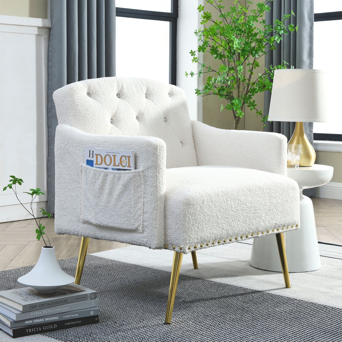 [Video]Welike 30 "W Modern Chesterfield Tufted Upholstered Chair with Deep Buttons, Living Room Chair, Comtable Armchair, Gold Hardware Legs, Tufted Chair Reading or Relaxing, WHITE TEDDY