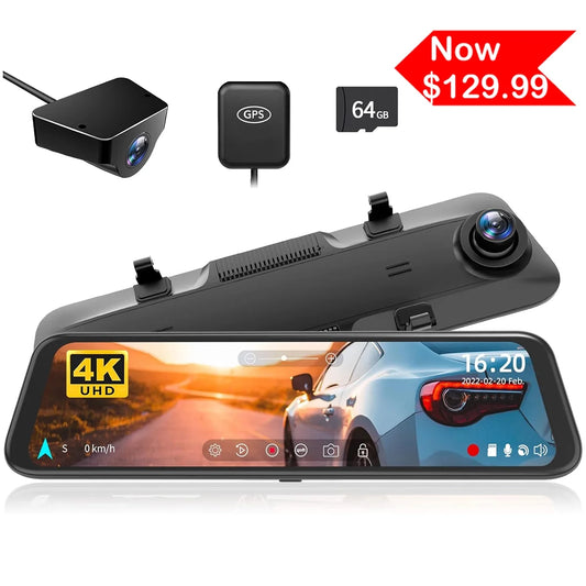 WOLFBOX 12'' Rear View Mirror Dash Cam, 4K Front and 1080P Rear Car Dash Cameras with Super Night Vision, Vehicle, Free 64GB Card & GPS, USB C Port