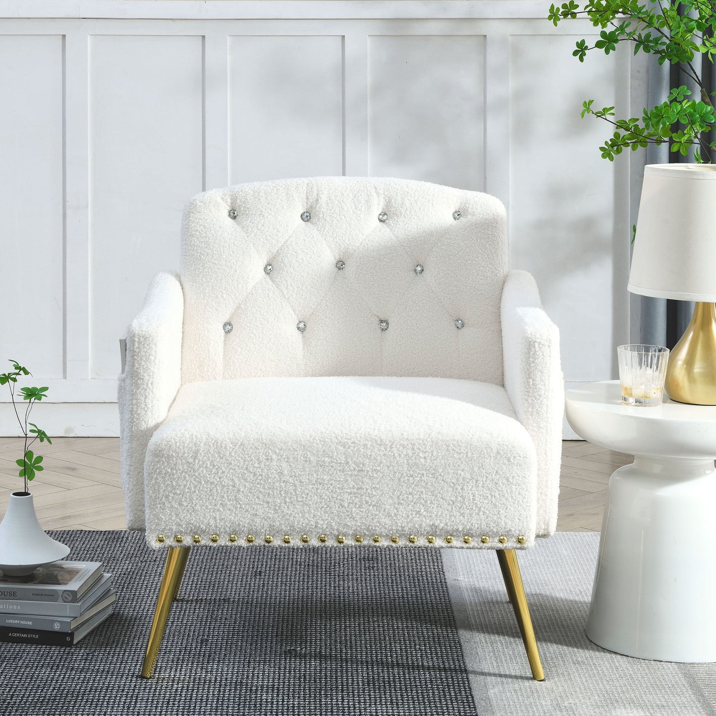 [Video]Welike 30 "W Modern Chesterfield Tufted Upholstered Chair with Deep Buttons, Living Room Chair, Comtable Armchair, Gold Hardware Legs, Tufted Chair Reading or Relaxing, WHITE TEDDY