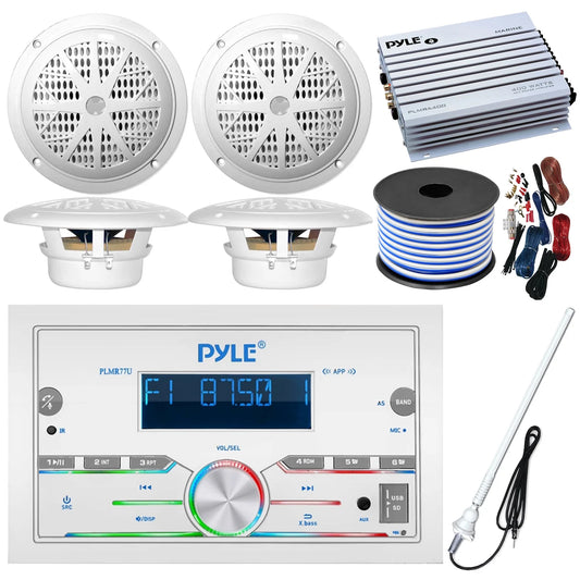 21-29' Pontoon Ship Audio Bundle: Pyle Double DIN Bluetooth Marine Receiver, 4x 6.5'' Waterproof White Speakers, 4-Channel Amplifier, Amp Installation Kit, 18 Gauge 50 FT Speaker Wire, Radio Antenna