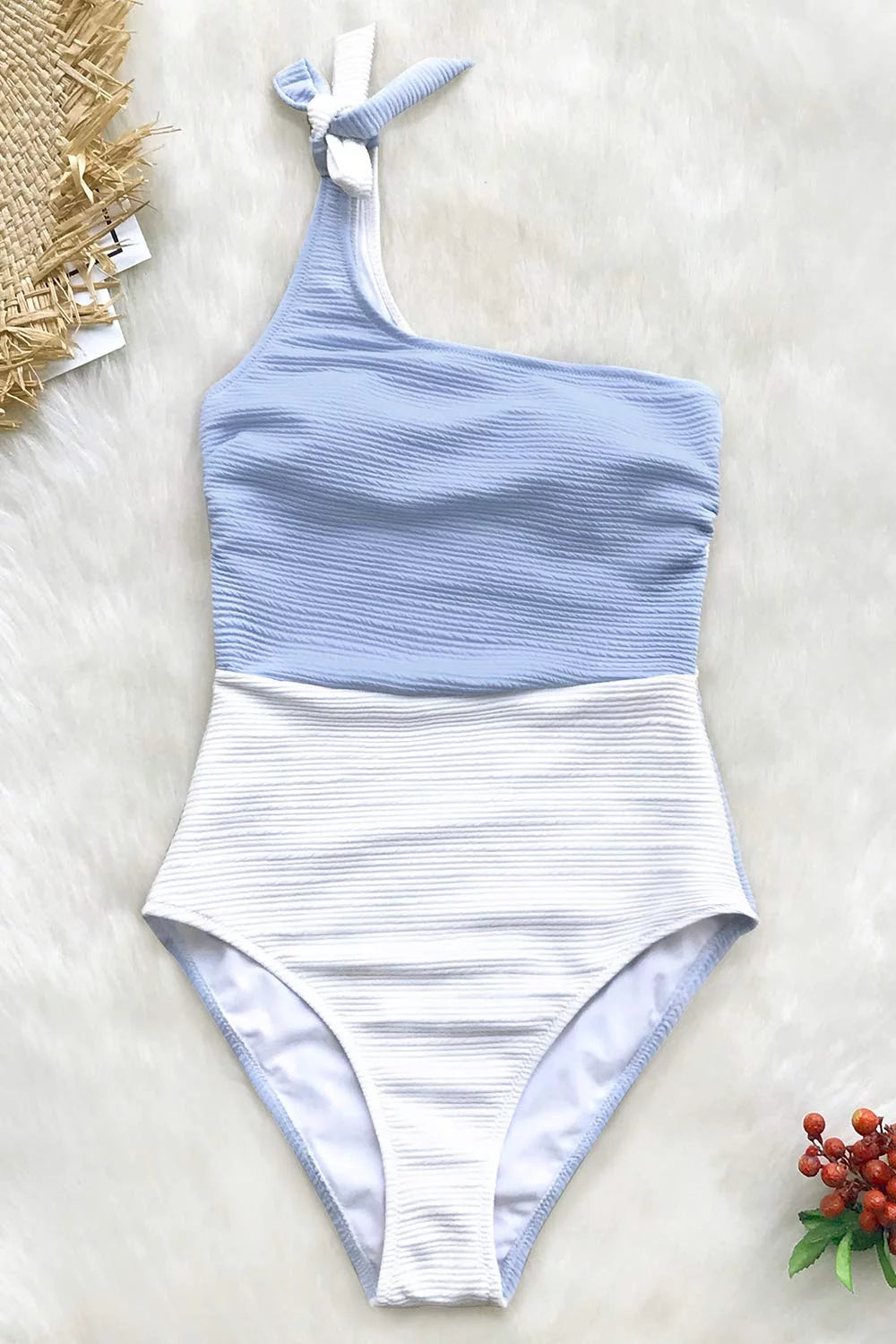 Cupshe Women's Blue Color Block One Shoulder Bowknot Tie One-Piece Swimsuit, XL