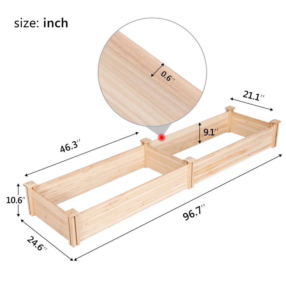 Easyfashion Wooden Raised Garden Bed, 96.7 x 24.6 x 10.6inch (L x W x H),Natural Wood