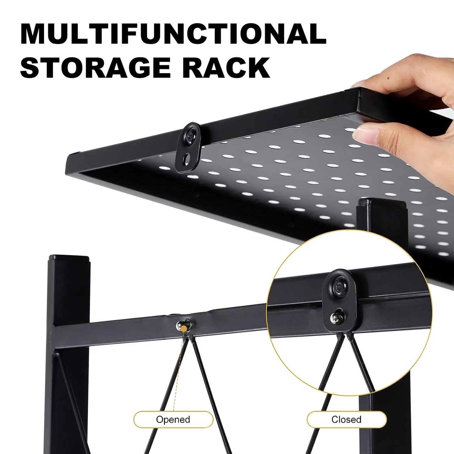4-Tier Foldable Storage Shelf with Wheels - Metal Collapsible Shelving Unit Display, Rolling Cart Books Kitchen Storage Shelves, Pantry & Closet Organizer, Office Room Decor - Black