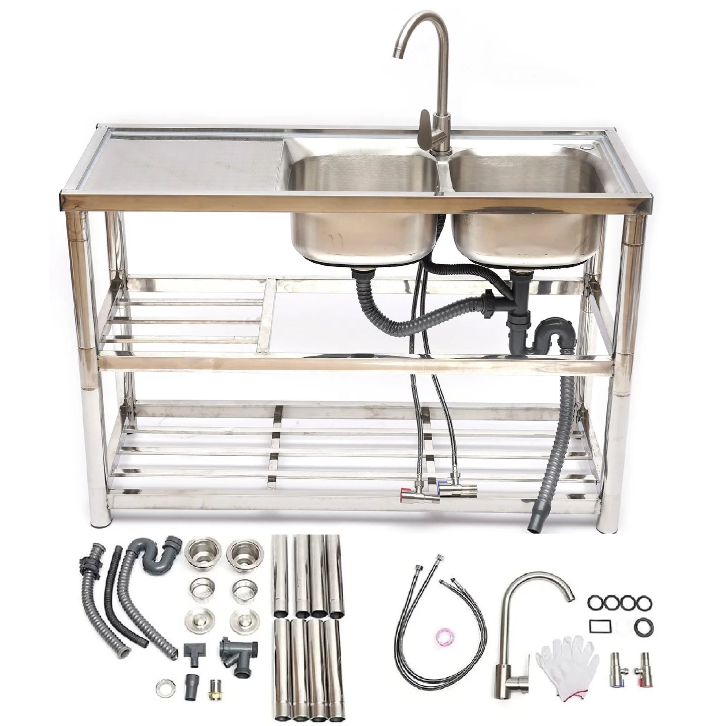 Loyalheartdy 2 Compartment Commercial Kitchen Sink Stainless Steel Utility Sink Basin Catering Prep Table+360° Faucet+2 Drainboard