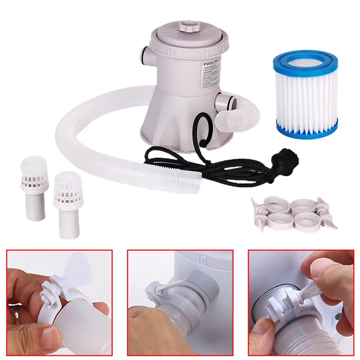 300GPH Above Ground Swimming Pool Electric Filter Pump Padding Impurities Cleaning Tool US Type