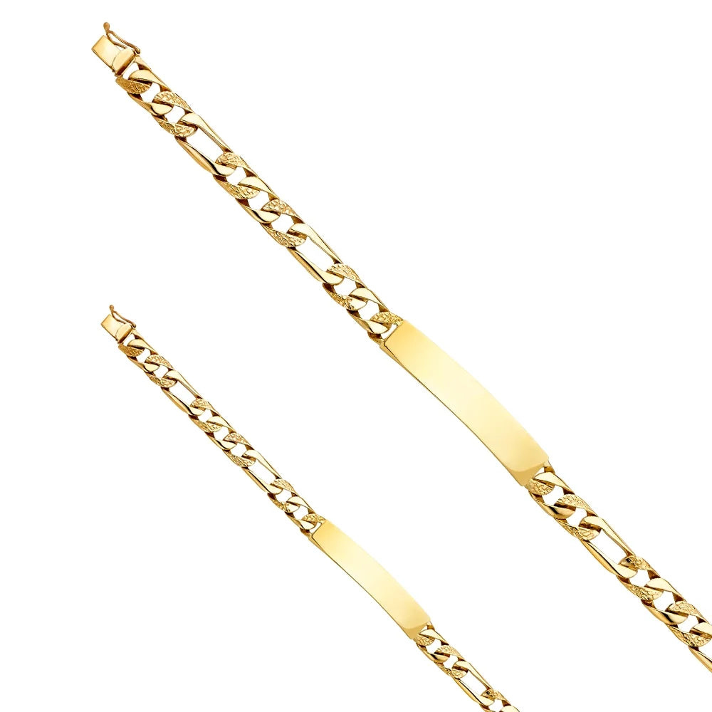 14k Yellow Gold Nugget Figaro Link ID Bracelet - 8" | Elegant 14KY Gold Chain Bracelets Men and Women | Weight 16.4 | Men’s Jewelry Gift