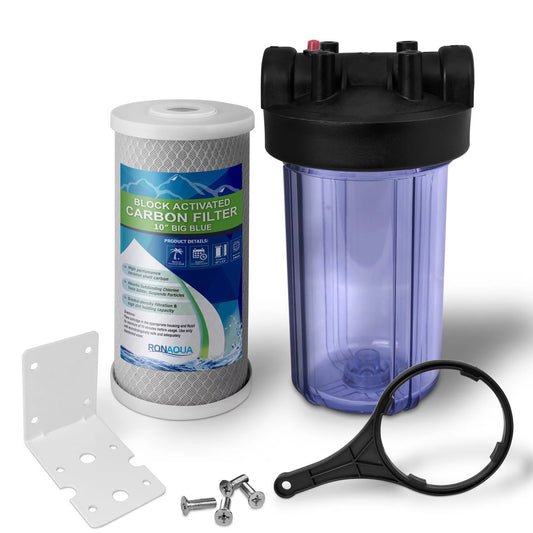 10 Inches Transparent Big Blue Housing with Presser Relief Button, 1” Inlet/Outlet Brass Port & 5 Micron Block Activated Carbon Filter Cartridge