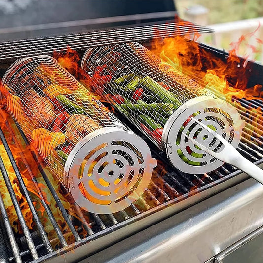 2PC Rolling Grilling Basket，Round Barbecue BBQ Grilling Basket ，Portable Outdoor Camping BBQ Rack Fish, Shrimp, Vegetables, Barbeque Griller Cooking Accessories