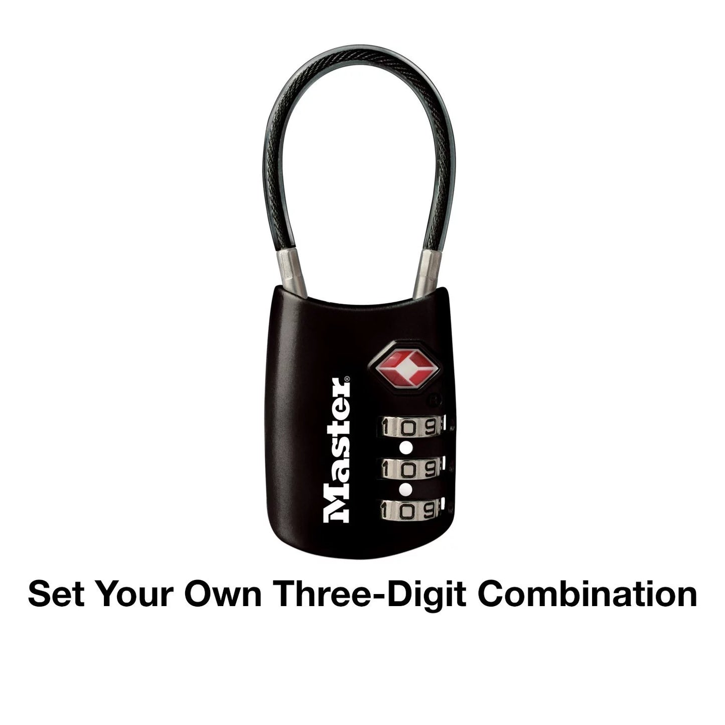 1-3/16in (30mm) Wide Set Your Own Combination TSA-Accepted Luggage Lock with Flexible Shackle; Black