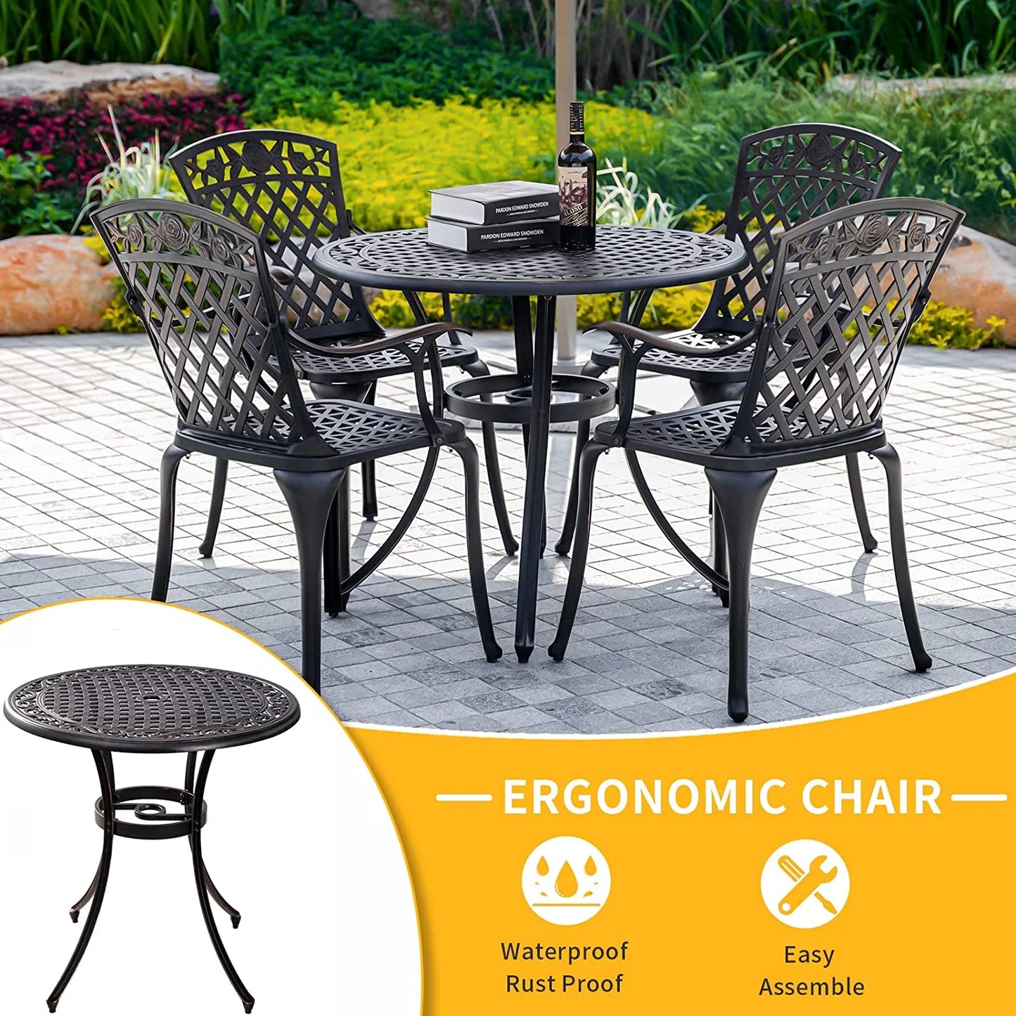 35.5 Inch Patio Bistro Dining Table, Cast Aluminum Patio Table with 1.97" Umbrella Hole,Round Outdoor Dining Table Garden, Patio, Porch