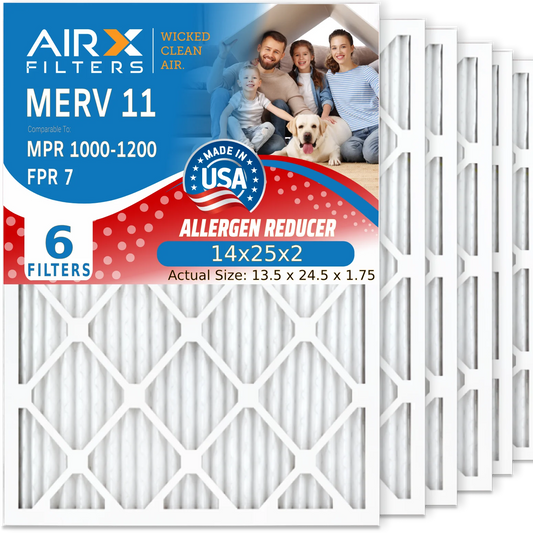 14x25x2 Air Filter MERV 11 Comparable to MPR 1000, MPR 1200 & FPR 7 Electrostatic Pleated Air Conditioner Filter 6 Pack HVAC Premium USA Made 14x25x2 Furnace Filters by AIRX FILTERS WICKED CLEAN AIR.