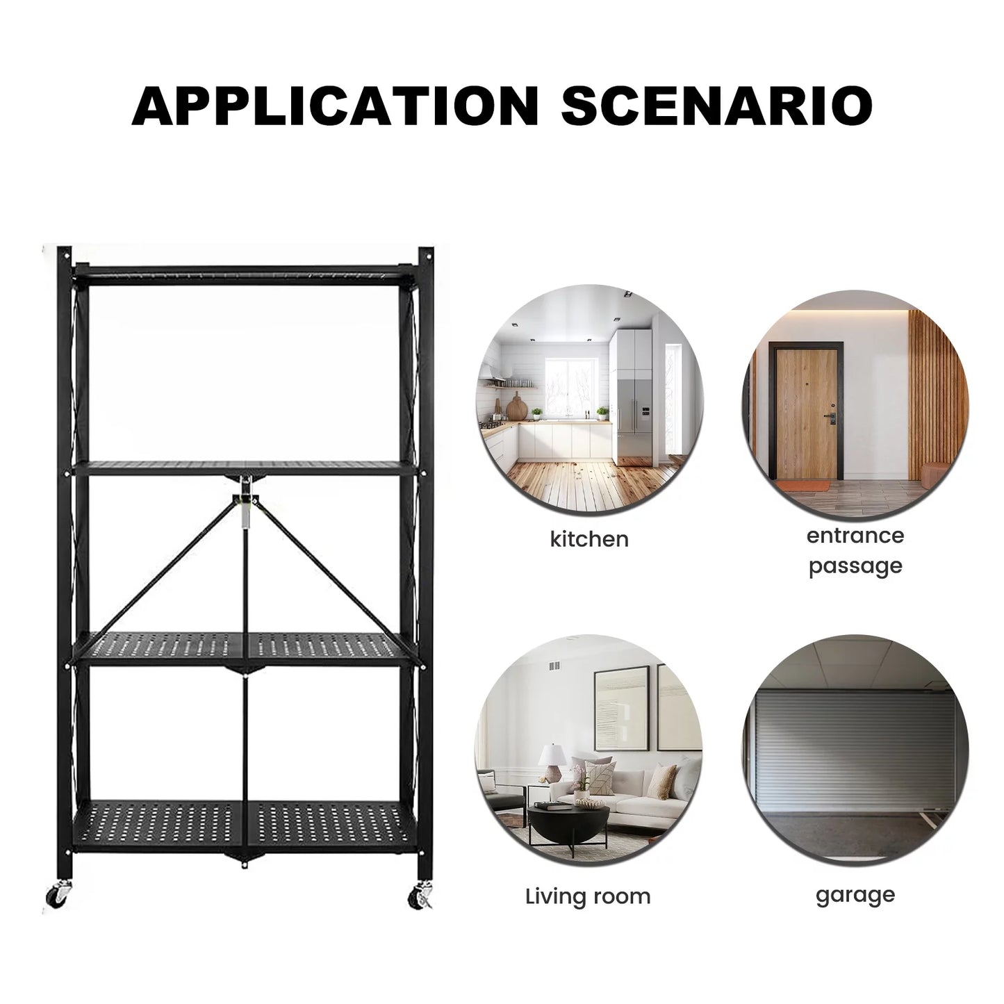 4-Tier Foldable Storage Shelf with Wheels - Metal Collapsible Shelving Unit Display, Rolling Cart Books Kitchen Storage Shelves, Pantry & Closet Organizer, Office Room Decor - Black