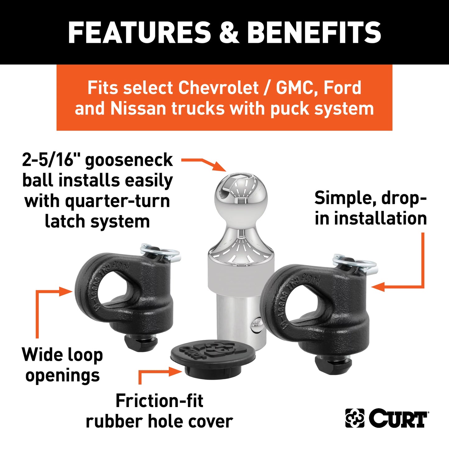 CURT Mfg 60692 OEM- Gooseneck Ball & Safety Chain Anchor Kit GM - Fits GM pickup trucks with factory tow packages | Includes storage case and rubber hole Wrap