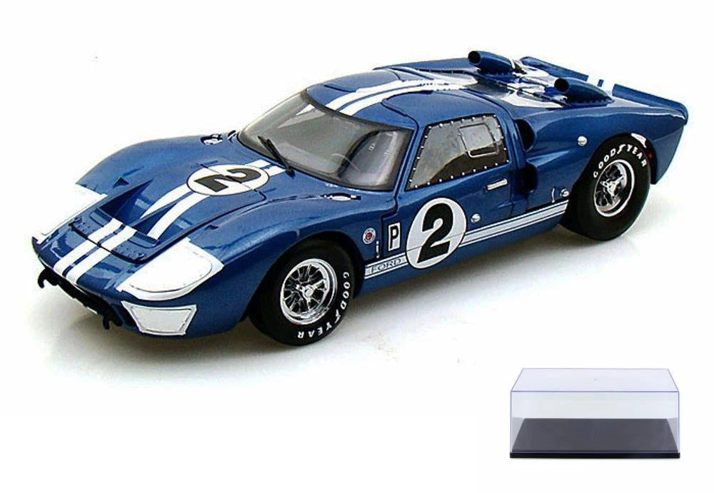 Diecast Car & Display Case Package - 1966 Ford GT-40 MK II #2, Blue w/ White Stripes - Shelby SC401 - 1/18 Scale Diecast Model Toy Car w/Display Case