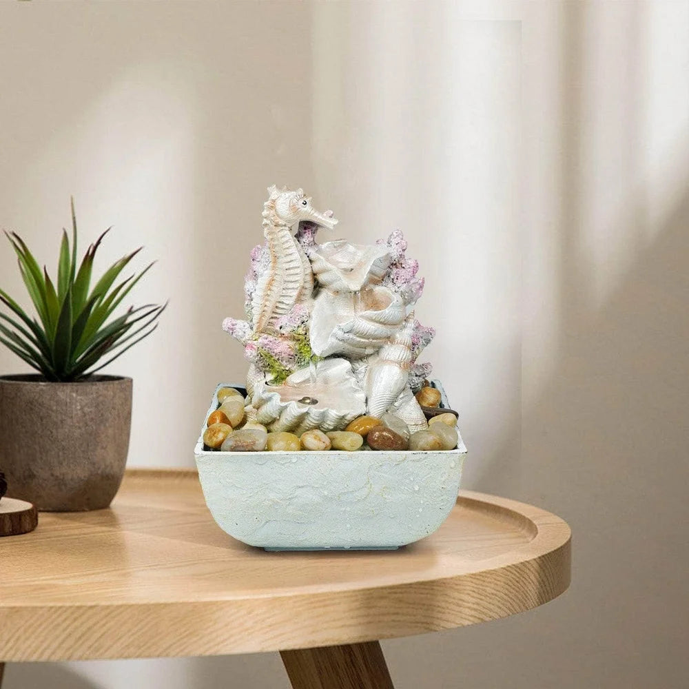 Ferrisland 3-Tier Seahorse And Shell Tabletop Water Fountain With LED Lights