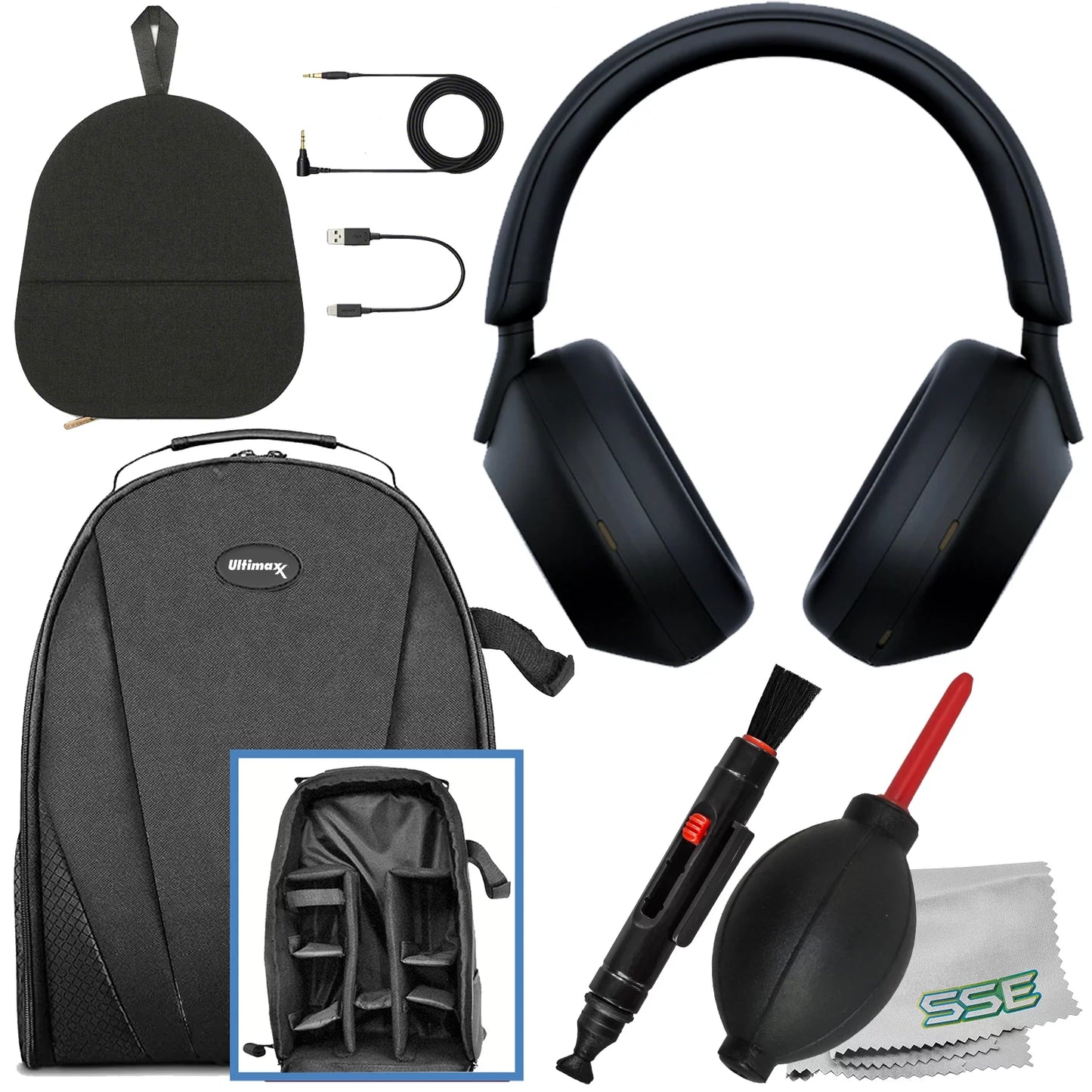 Ultimaxx Essential Sony WH-1000XM5 Noise-Canceling Wireless Over-Ear Headphones Bundle (Black) - Includes: Water- Gadget Backpack & More (7pc Bundle)