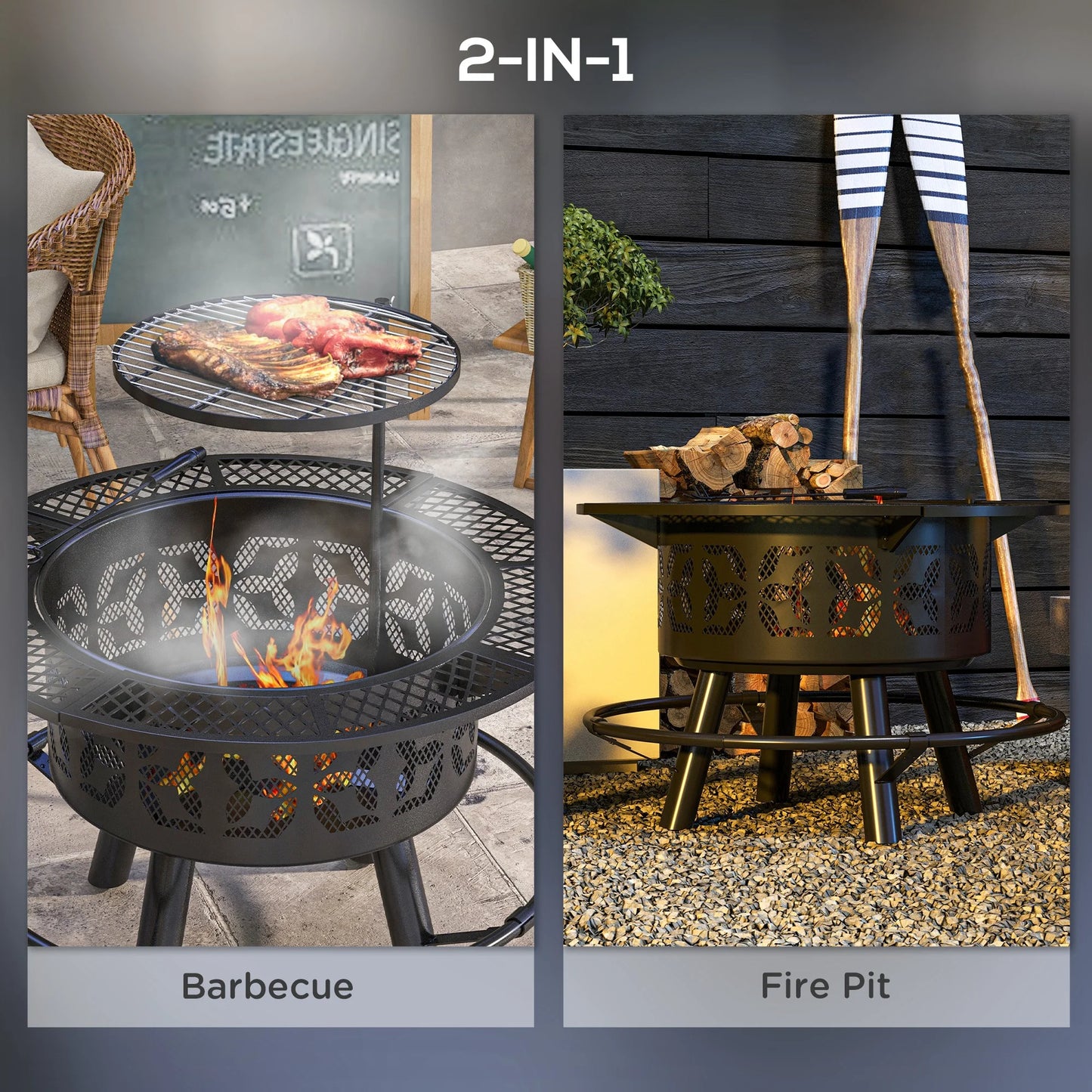 Capri 33" Outdoor Fire Pit BBQ Grill Wood Burning Firepit with Adjustable Cooking Grate and Poker, Round, Backyard, Patio, Picnic, Black