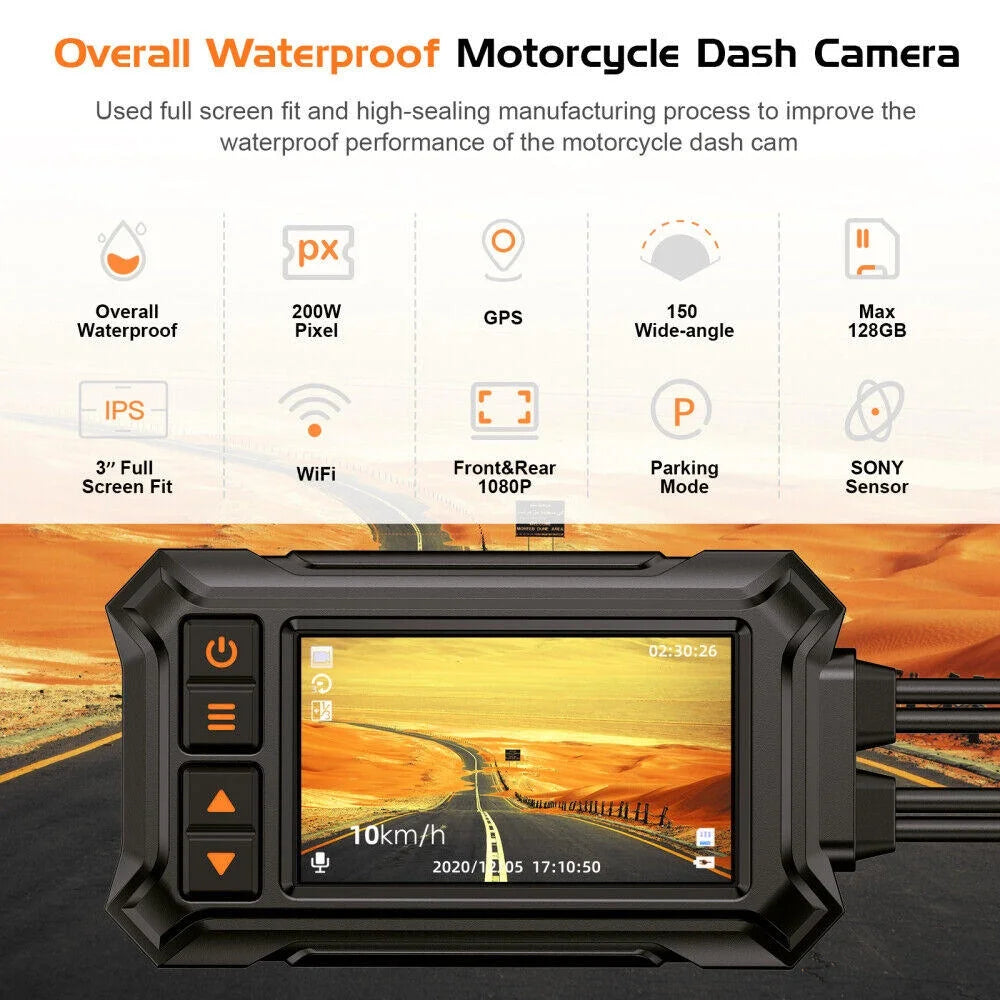 3" Motorcycle Dash Camera A12 Waterproof GPS WIFI 1080P Front Rear Night Vision