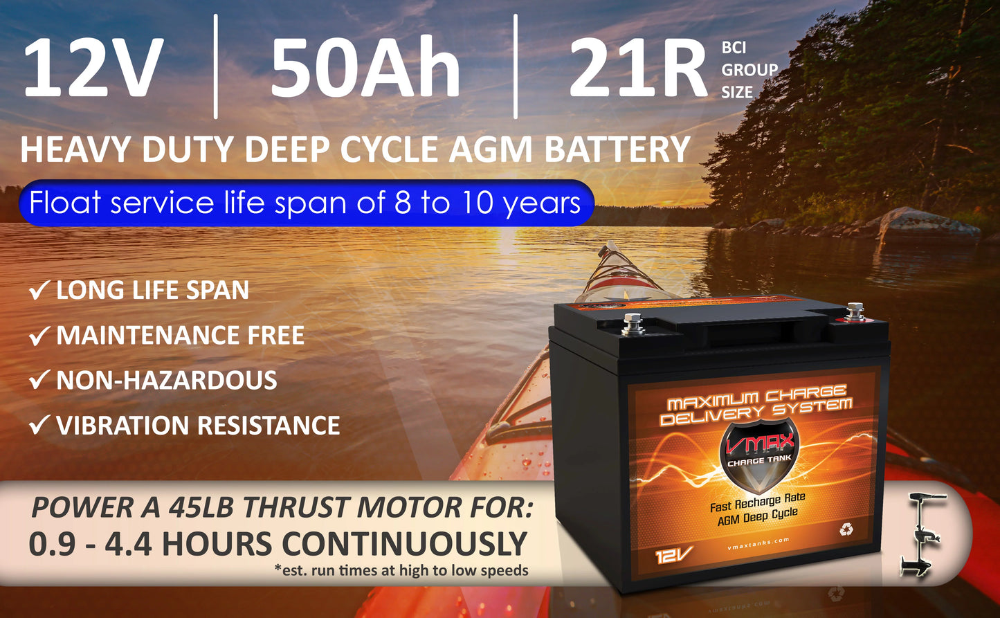 AGM Battery Upgrade 18-50LB Thrust Trolling Motors Vmaxtanks MR86-50 12V 50AH