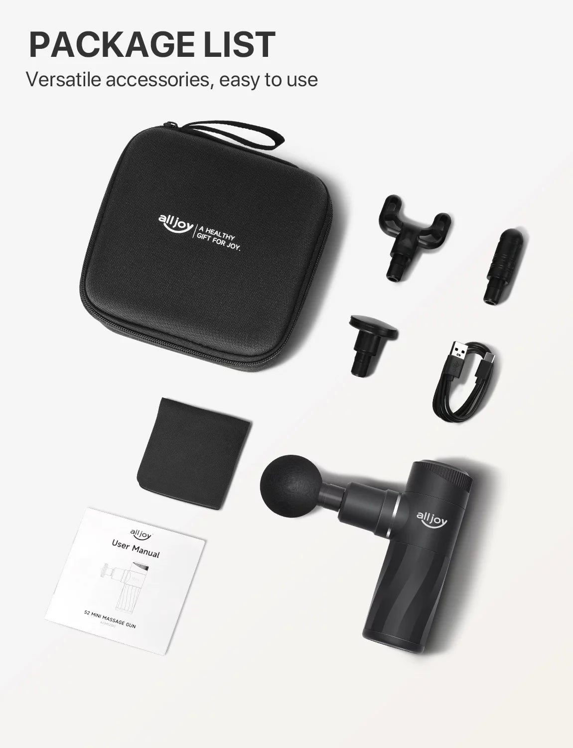 ALLJOY Mini Massage Gun Deep Tissue, Powerful Percussion Muscle Massager Gun with 4 Attachments, 4 Speed Settings, Compact Sports Handheld Massager Muscles Neck Back Arms