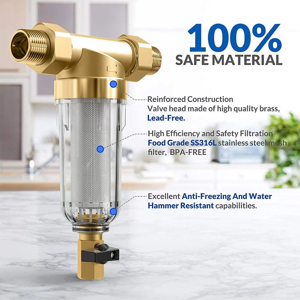 Jahy2Tech Whole House Water Pre-Filter Reusable Sediment Filter 50 Microns Plumbing