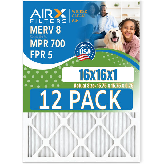 16x16x1 Air Filter MERV 8 Rating, 12 Pack of Furnace Filters Comparable to MPR 700 & FPR 5 - Made in USA by AIRX FILTERS WICKED CLEAN AIR.