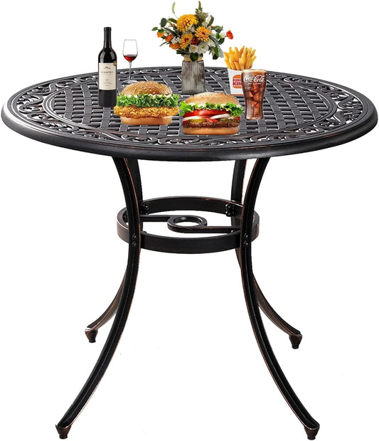 35.5 Inch Patio Bistro Dining Table, Cast Aluminum Patio Table with 1.97" Umbrella Hole,Round Outdoor Dining Table Garden, Patio, Porch