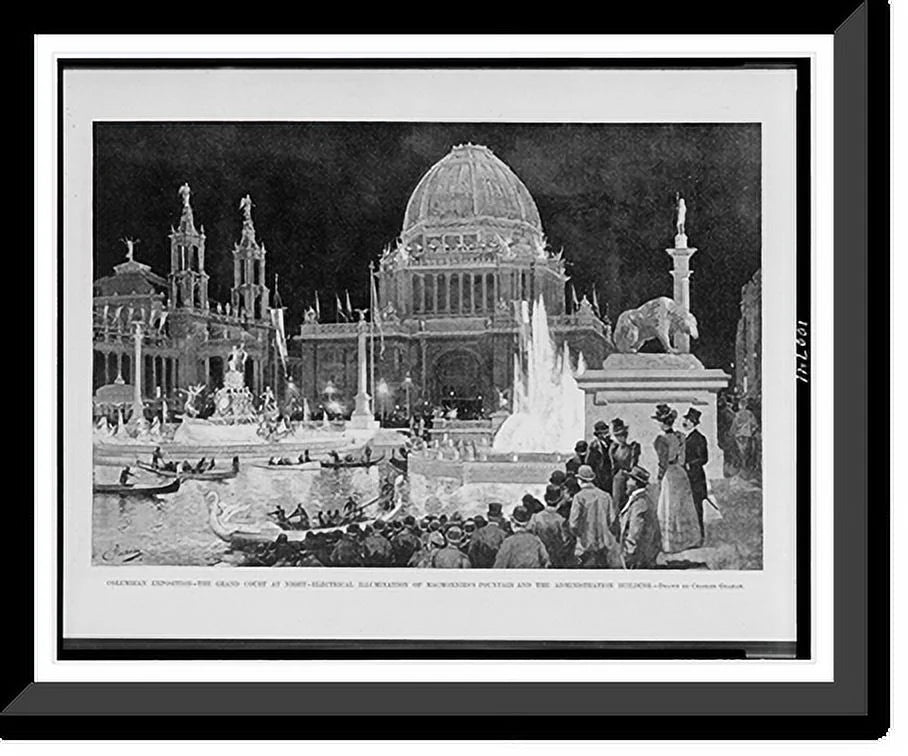Historic Framed Print, Columbian Exposition. the grand court at night. electrical illumination of MacMonnies's fountain and the administration building.drawn by Charles Graham., 17-7/8" x 21-7/8"