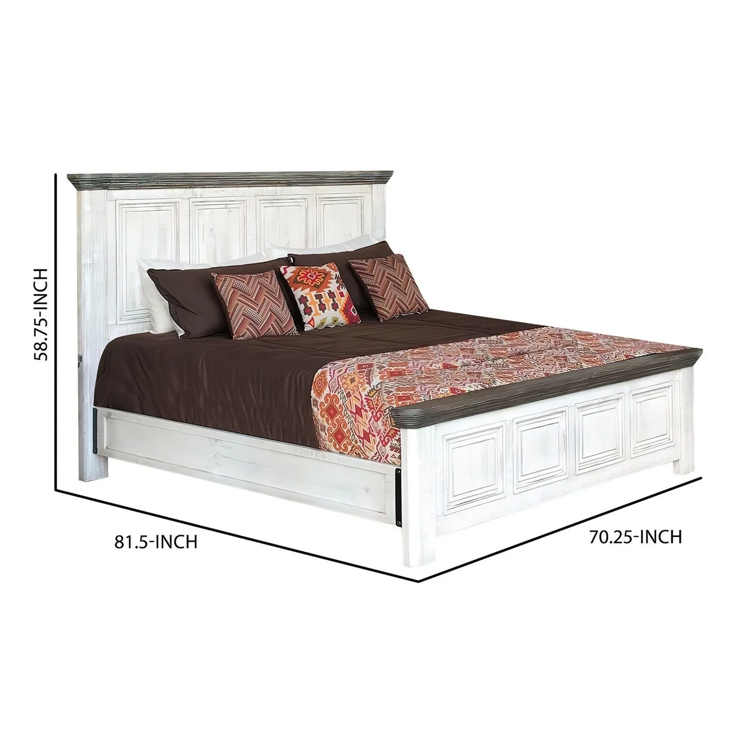 Benjara Feyi Queen Size Bed, Clean Rustic Headboard and Footboard, White, Gray