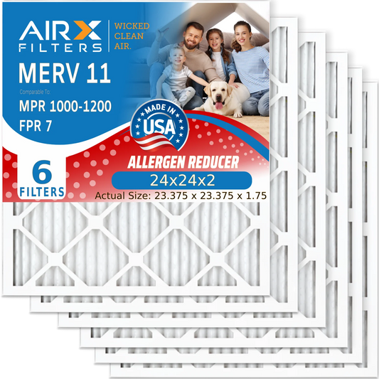 24x24x2 Air Filter MERV 11 Comparable to MPR 1000, MPR 1200 & FPR 7 Electrostatic Pleated Air Conditioner Filter 6 Pack HVAC Premium USA Made 24x24x2 Furnace Filters by AIRX FILTERS WICKED CLEAN AIR.