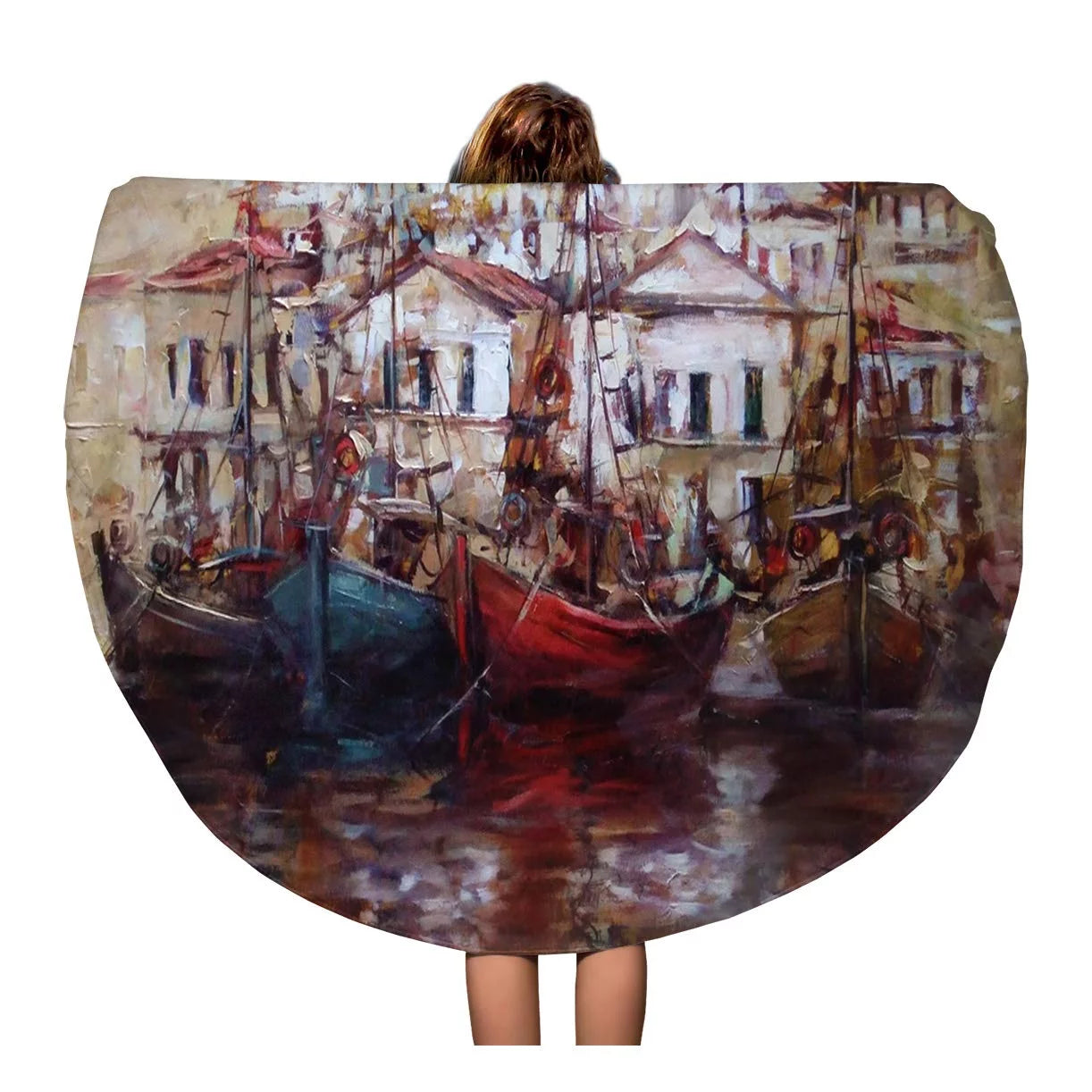 SIDONKU 60 inch Round Beach Towel Blanket Red Roof Watercraft Island Harbor Oil Painting on Canvas Travel Circle Circular Towels Mat Tapestry Beach Throw