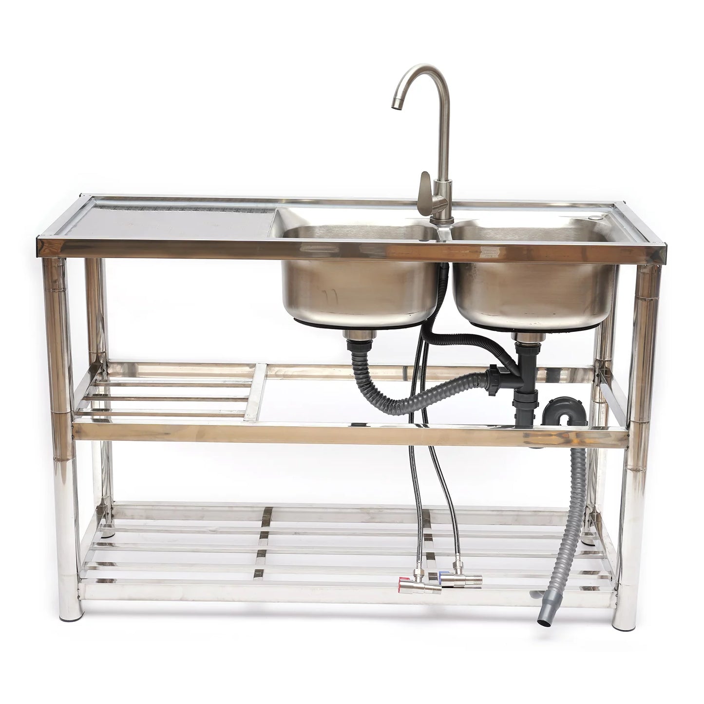 Loyalheartdy 2 Compartment Commercial Kitchen Sink Stainless Steel Utility Sink Basin Catering Prep Table+360° Faucet+2 Drainboard