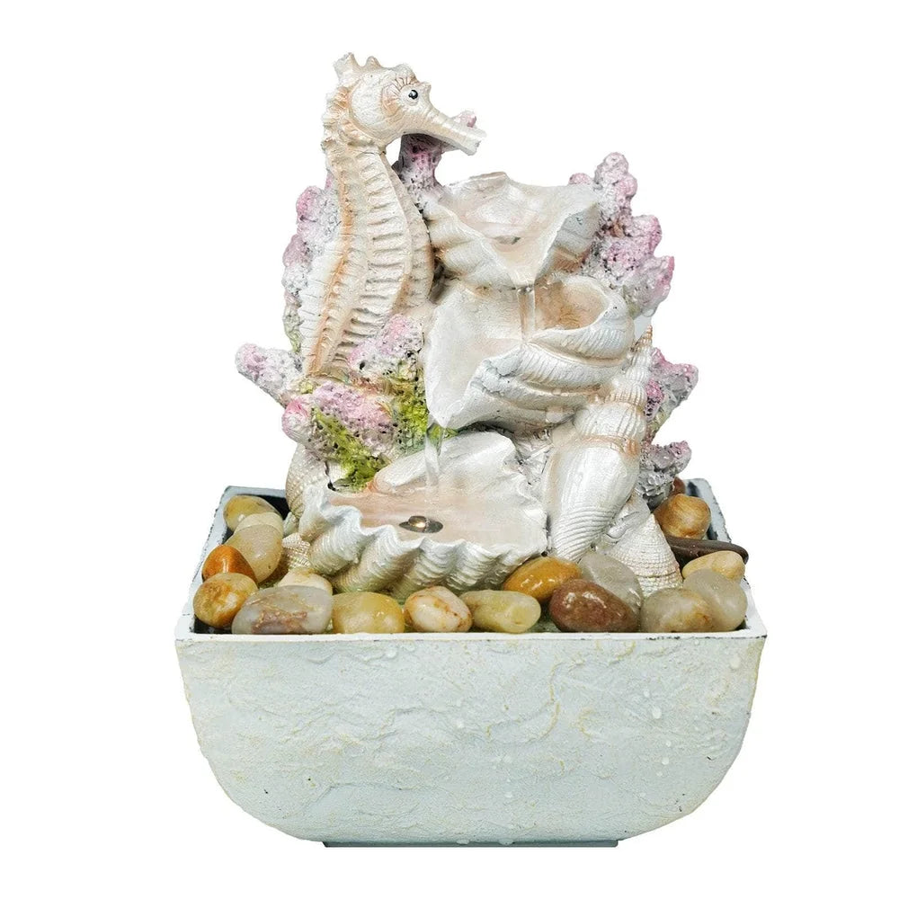 Ferrisland 3-Tier Seahorse And Shell Tabletop Water Fountain With LED Lights
