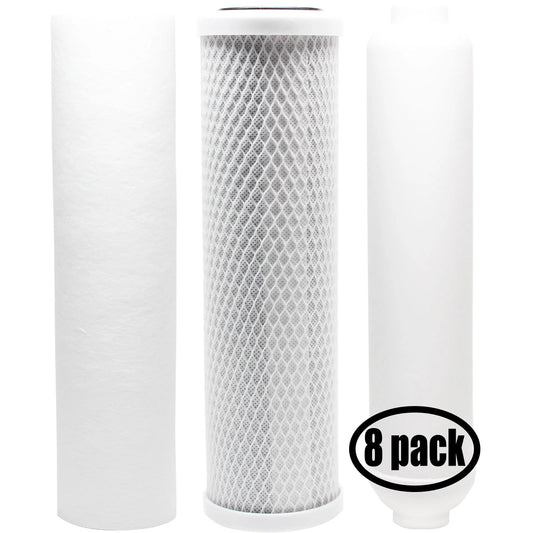 8-Pack Replacement Filter Kit US Water Systems 200-GX-4050 RO System - Includes Carbon Block Filter, PP Sediment Filter & Inline Filter Cartridge - Denali Pure Brand