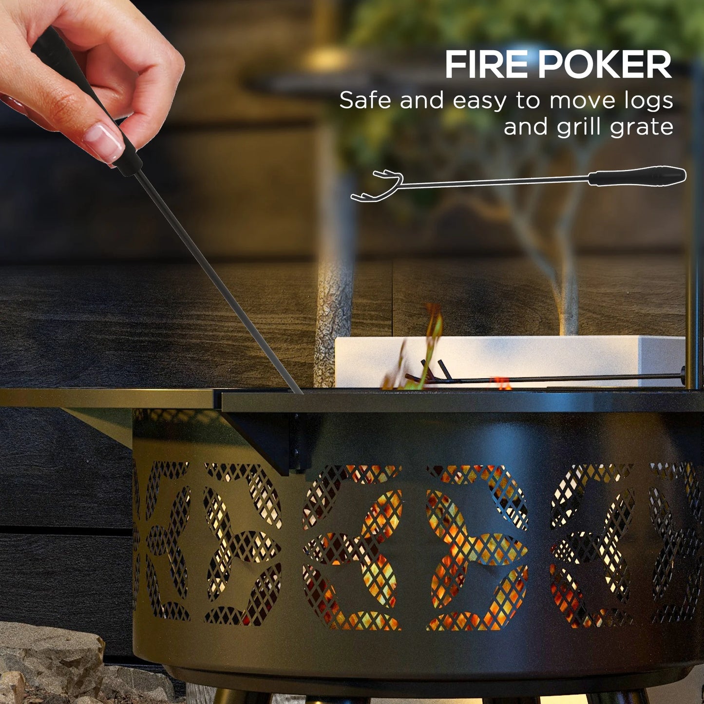 Capri 33" Outdoor Fire Pit BBQ Grill Wood Burning Firepit with Adjustable Cooking Grate and Poker, Round, Backyard, Patio, Picnic, Black