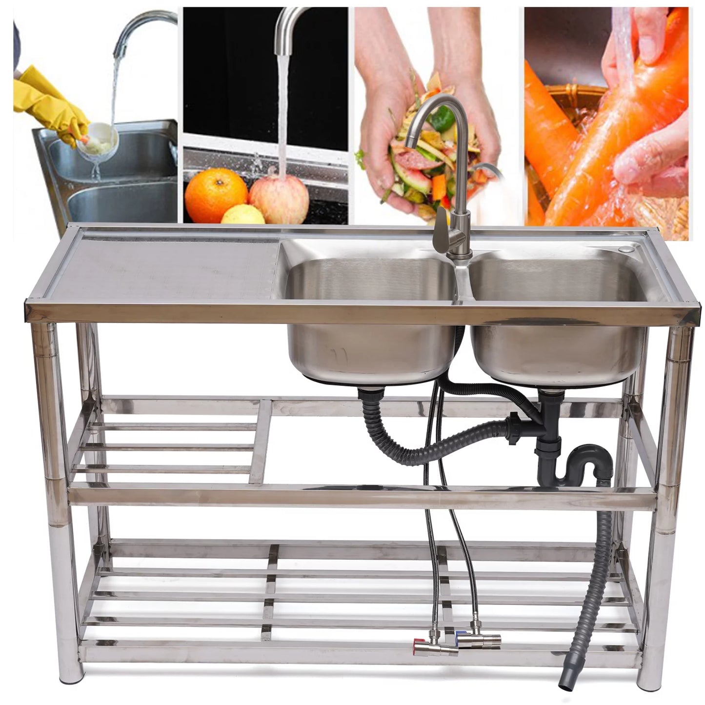 Loyalheartdy 2 Compartment Commercial Kitchen Sink Stainless Steel Utility Sink Basin Catering Prep Table+360° Faucet+2 Drainboard