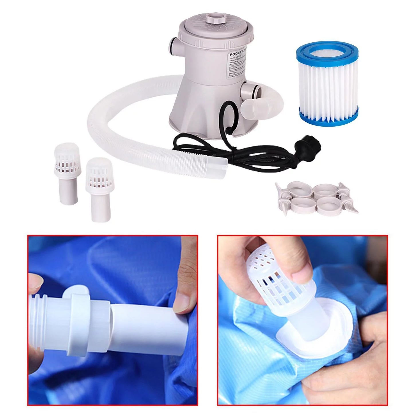 300GPH Above Ground Swimming Pool Electric Filter Pump Padding Impurities Cleaning Tool US Type