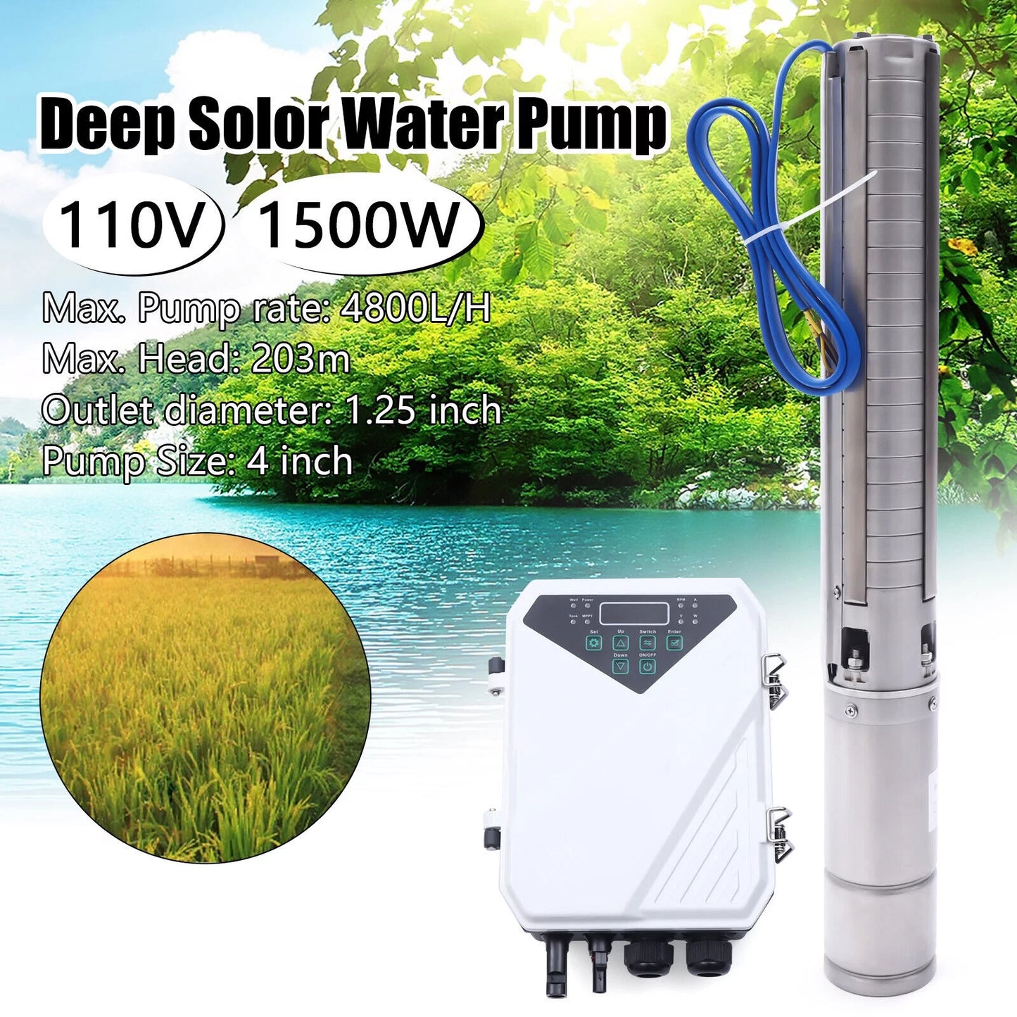 4" 2 HP 110V Solar Water Pump Submersible MPPT Controller Kit DC Deep Well Pump