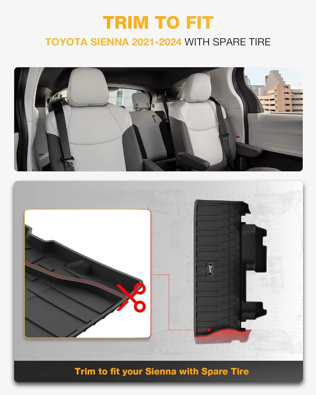 3W Floor Mats&Cargo Liner Toyota Sienna 2021-2024 8 Seater TPE 1st 2nd and 3rd Row with Trunk Mat (NOT Spare Tire Model ), Black All Car Mats