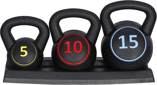 3- Kettlebell Set, Exercise Fitness Weight Set with Base Rack Home Gym, Home Workouts, Strength Training, Include 5 lbs, 10 lbs, 15 lbs