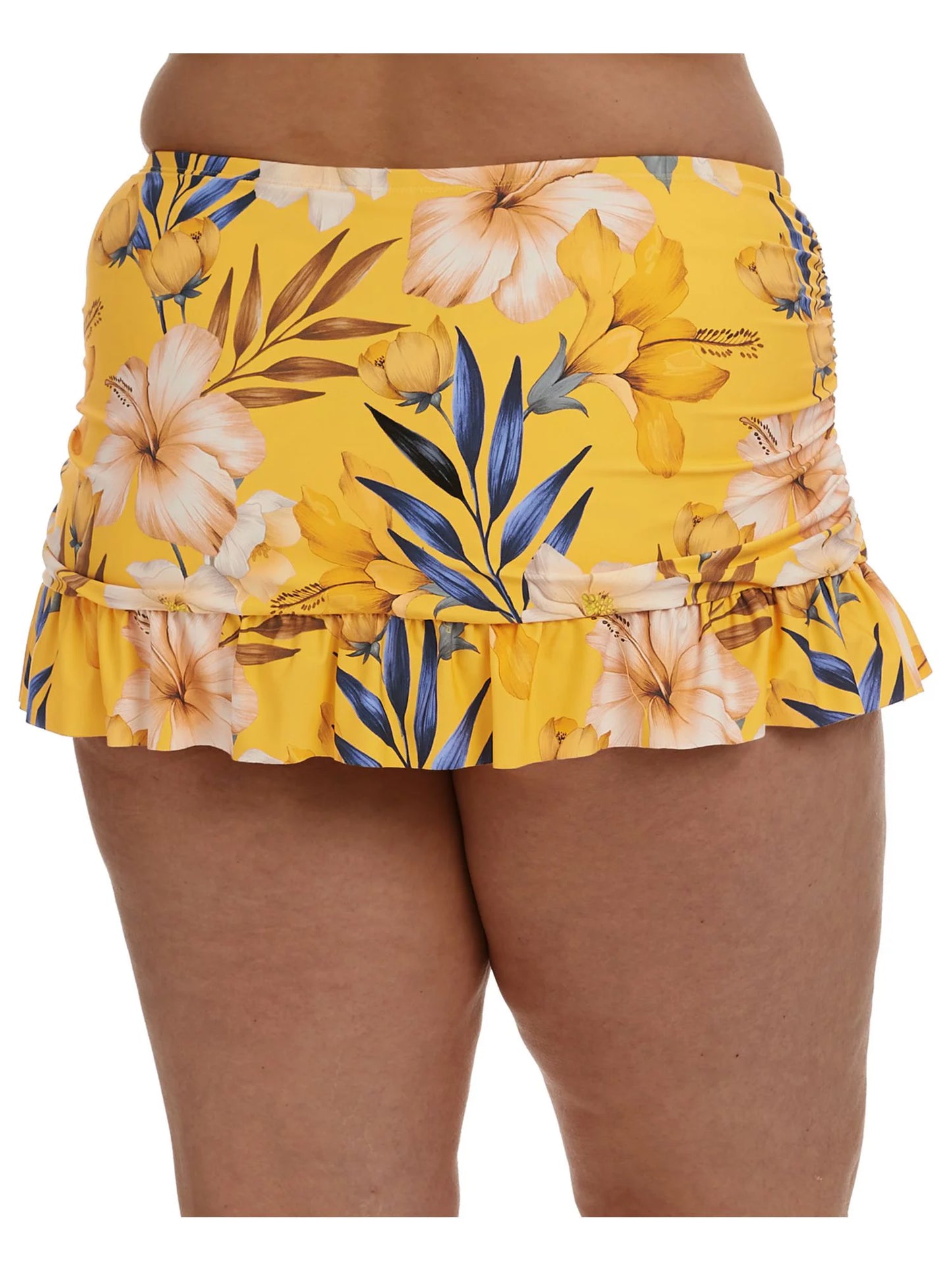 LA BLANCA Women's Yellow Printed Stretch Tummy Control Ruched Sides Lined Moderate Shield Ruffled Belle Fiore Swim Skirt Swimsuit Bottom 18W