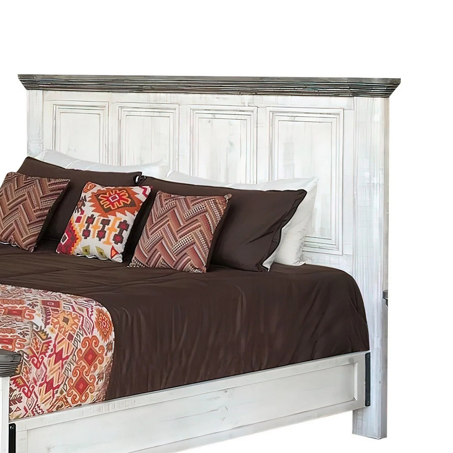 Benjara Feyi Queen Size Bed, Clean Rustic Headboard and Footboard, White, Gray