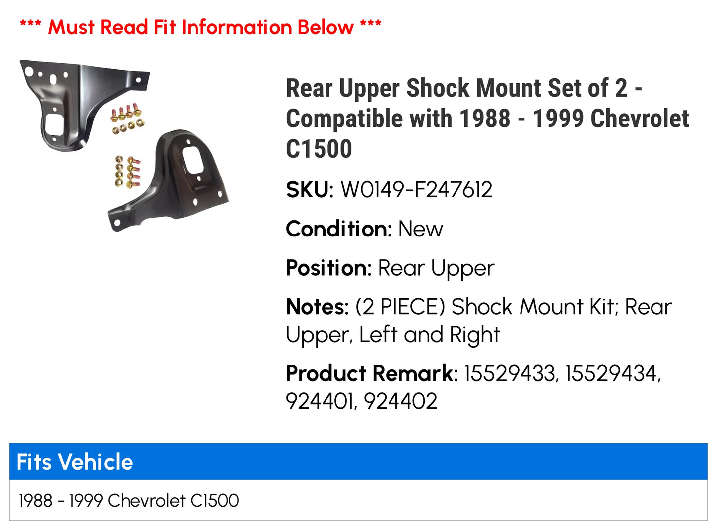 Rear Upper Shock Mount Set of 2 - with 1988 - 1999 Chevy C1500 1989 1990 1991 1992 1993 1994 1995 1996 1997 1998